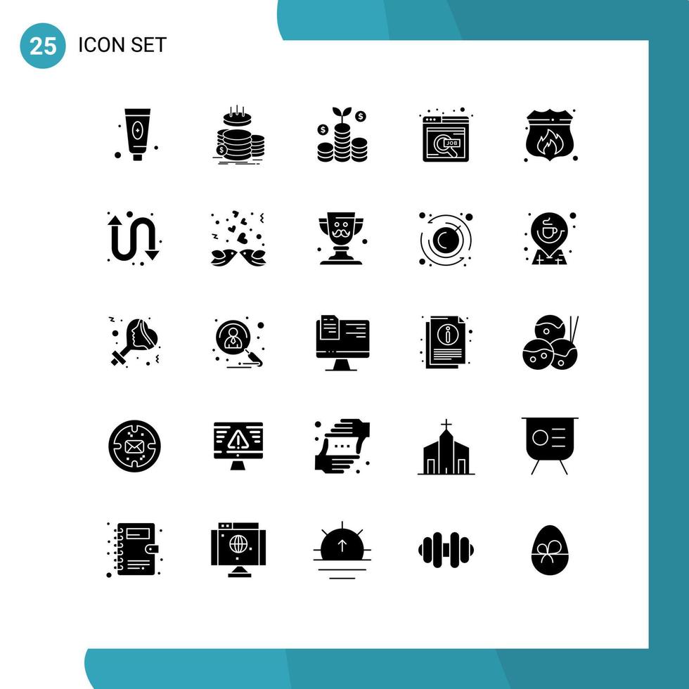 Set of 25 Commercial Solid Glyphs pack for protection online job savings search find Editable Vector Design Elements