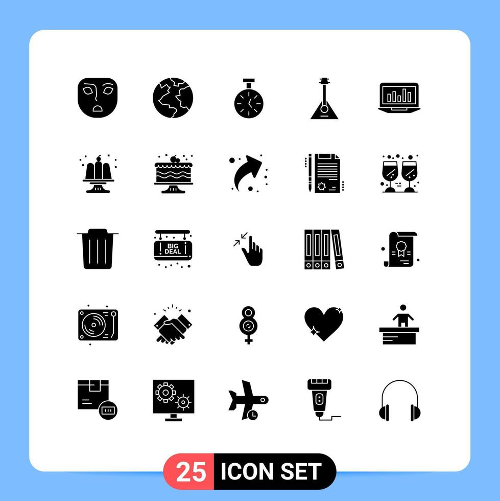 25 Universal Solid Glyph Signs Symbols of analytics laptop timer sound instrument Editable Vector Design Elements