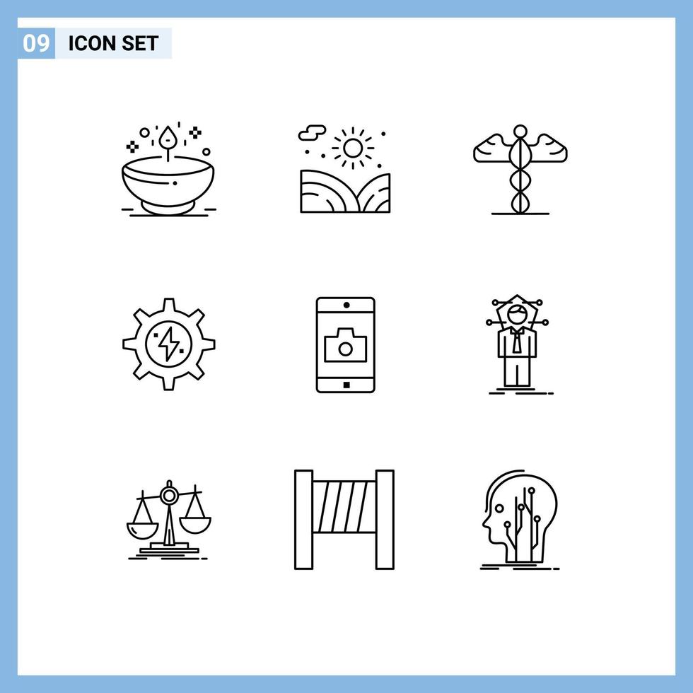 Set of 9 Vector Outlines on Grid for application solar water energy greece Editable Vector Design Elements