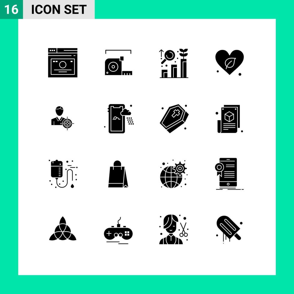 Group of 16 Modern Solid Glyphs Set for save green roulette heart graph Editable Vector Design Elements