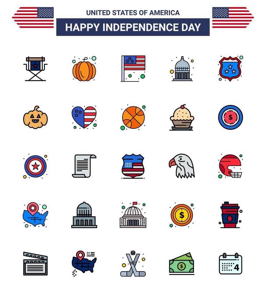 Stock Vector Icon Pack of American Day 25 Flat Filled Line Signs and Symbols for security usa day statehouse indiana Editable USA Day Vector Design Elements