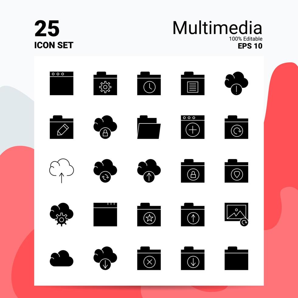 25 Multimedia Icon Set 100 Editable EPS 10 Files Business Logo Concept Ideas Solid Glyph icon design vector