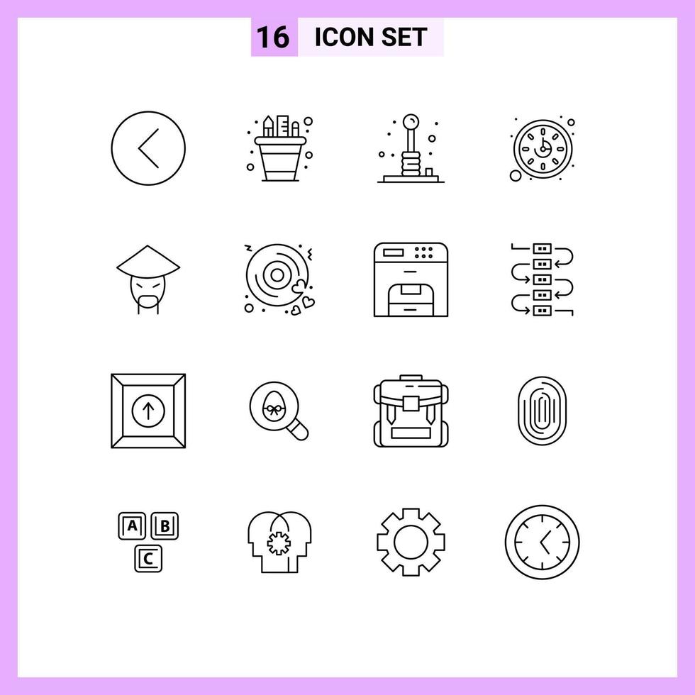 Modern Set of 16 Outlines Pictograph of watch clock pencil pot recreation games Editable Vector Design Elements