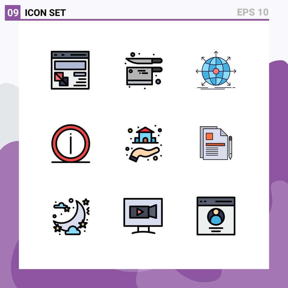 Set of 9 Commercial Filledline Flat Colors pack for info faq knife details network Editable Vector Design Elements