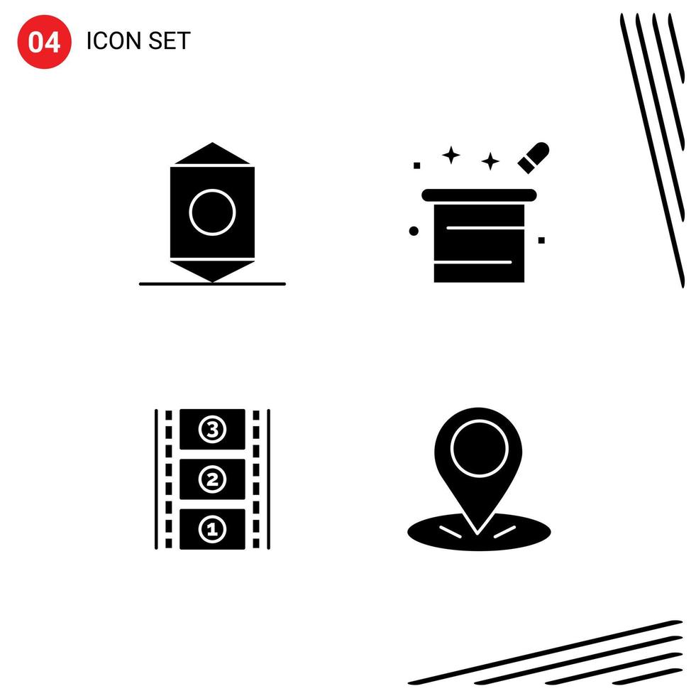 4 Thematic Vector Solid Glyphs and Editable Symbols of candy film reel wrapper magical movie reel Editable Vector Design Elements