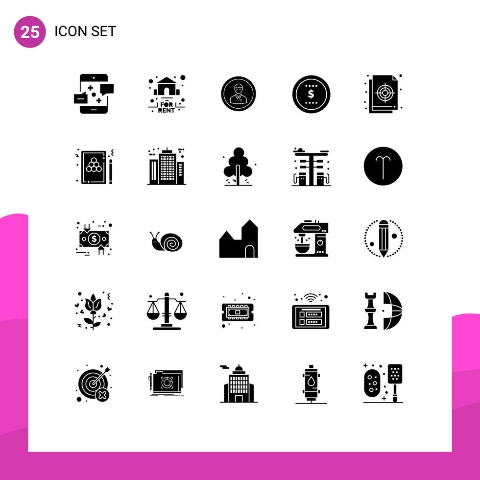 conjunto de pictogramas de 25 glifos sólidos simples de perfil de alquiler de usuario de moneda elementos de diseño vectorial editables para hombre vector