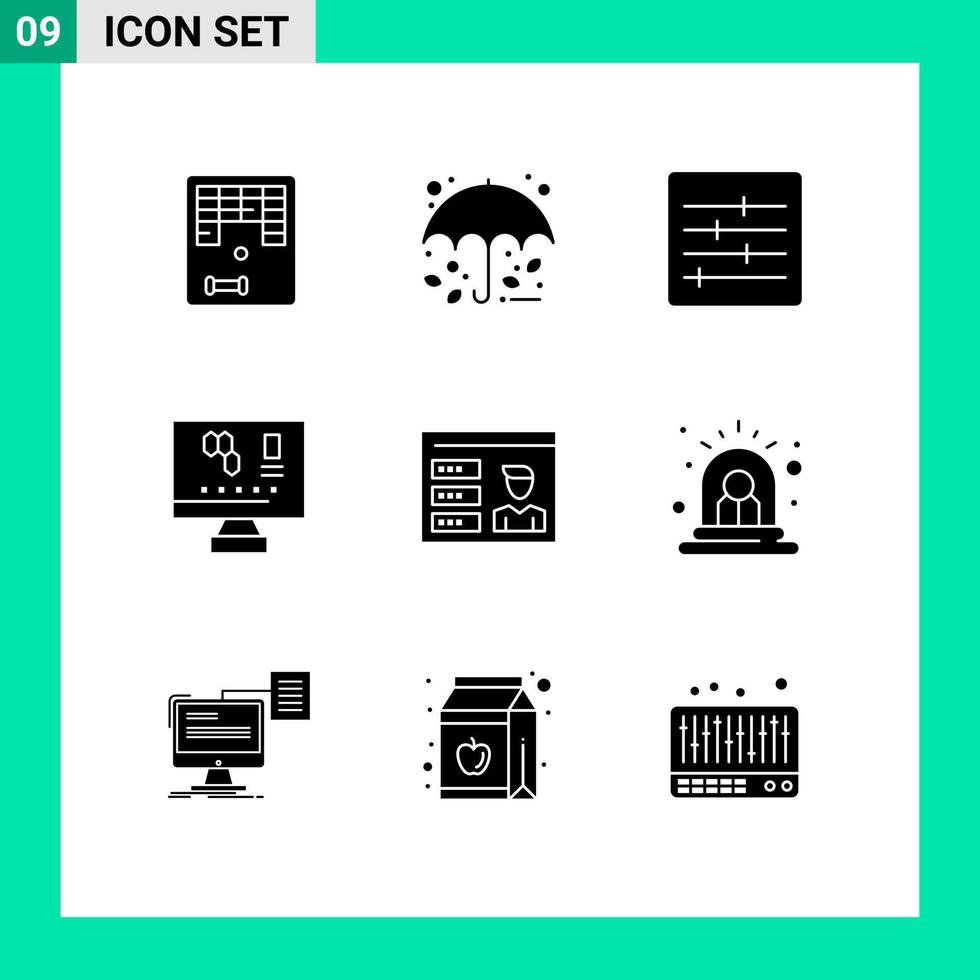 Set of 9 Commercial Solid Glyphs pack for user account control science computer Editable Vector Design Elements