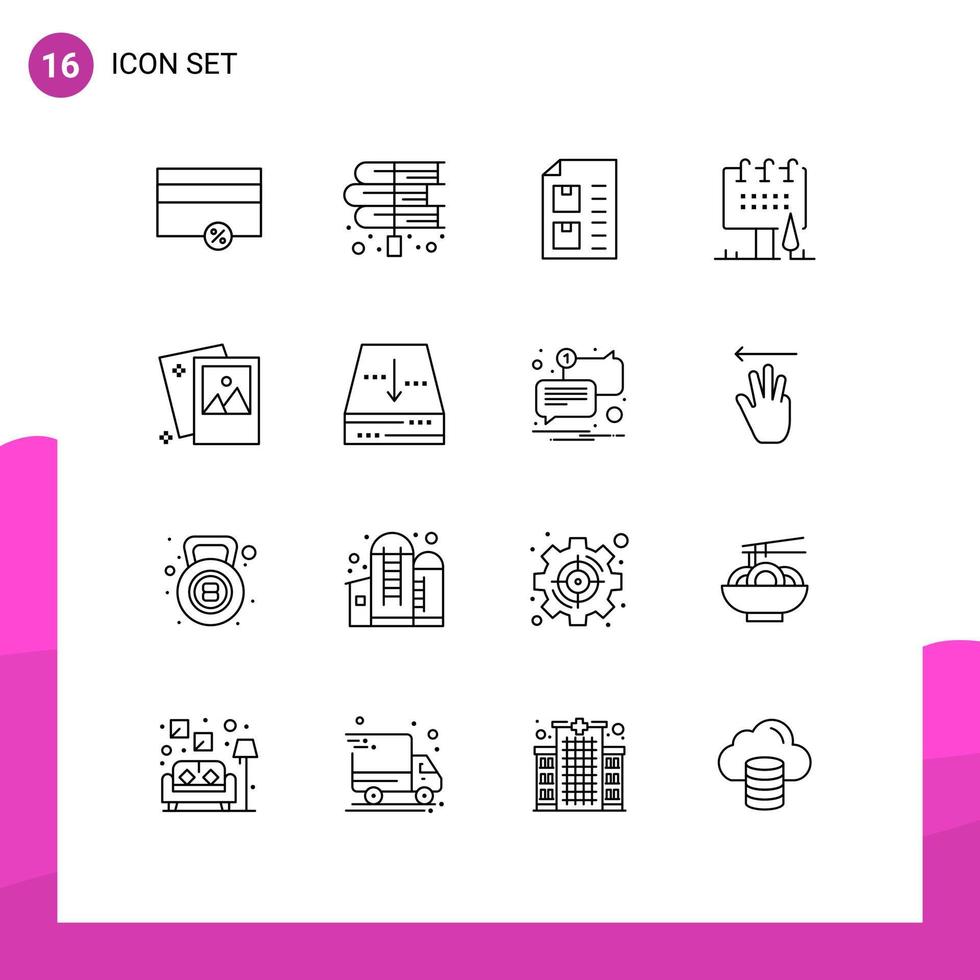 Mobile Interface Outline Set of 16 Pictograms of campaign billboard laws advertising list Editable Vector Design Elements