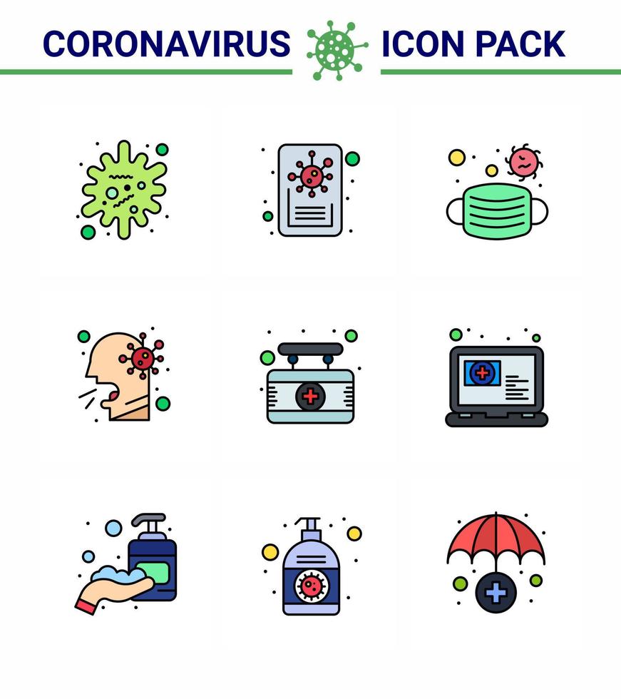 covid19 protección coronavirus pendamic 9 línea rellena conjunto de iconos de color plano, como máscara de enfermo de hospital personas cuidado de la salud coronavirus viral 2019nov enfermedad vector elementos de diseño