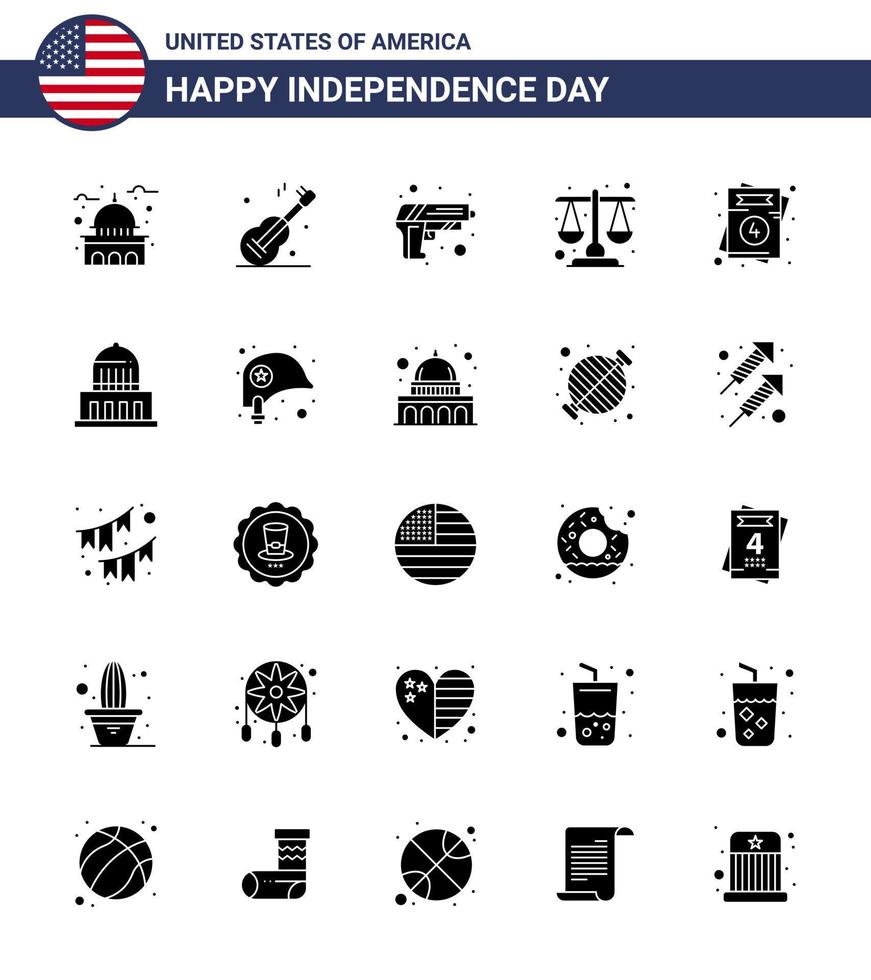 Happy Independence Day USA Pack of 25 Creative Solid Glyph of invitation law american justice weapon Editable USA Day Vector Design Elements