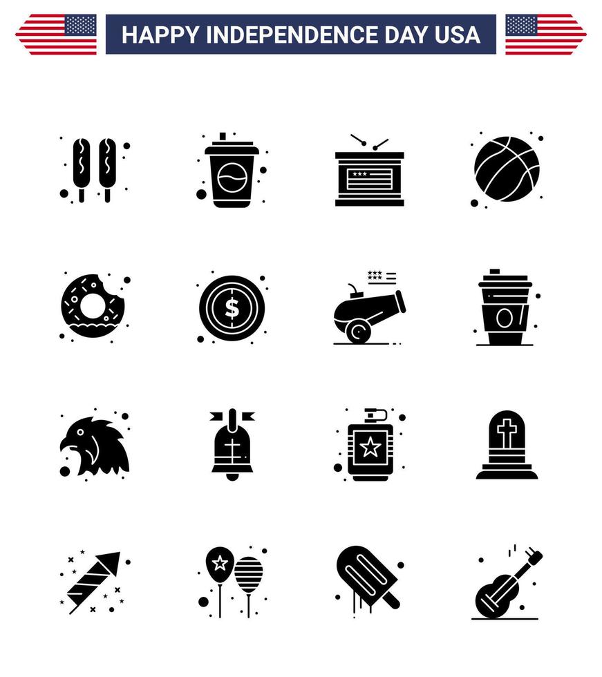 Happy Independence Day USA Pack of 16 Creative Solid Glyphs of yummy donut holiday usa ball Editable USA Day Vector Design Elements