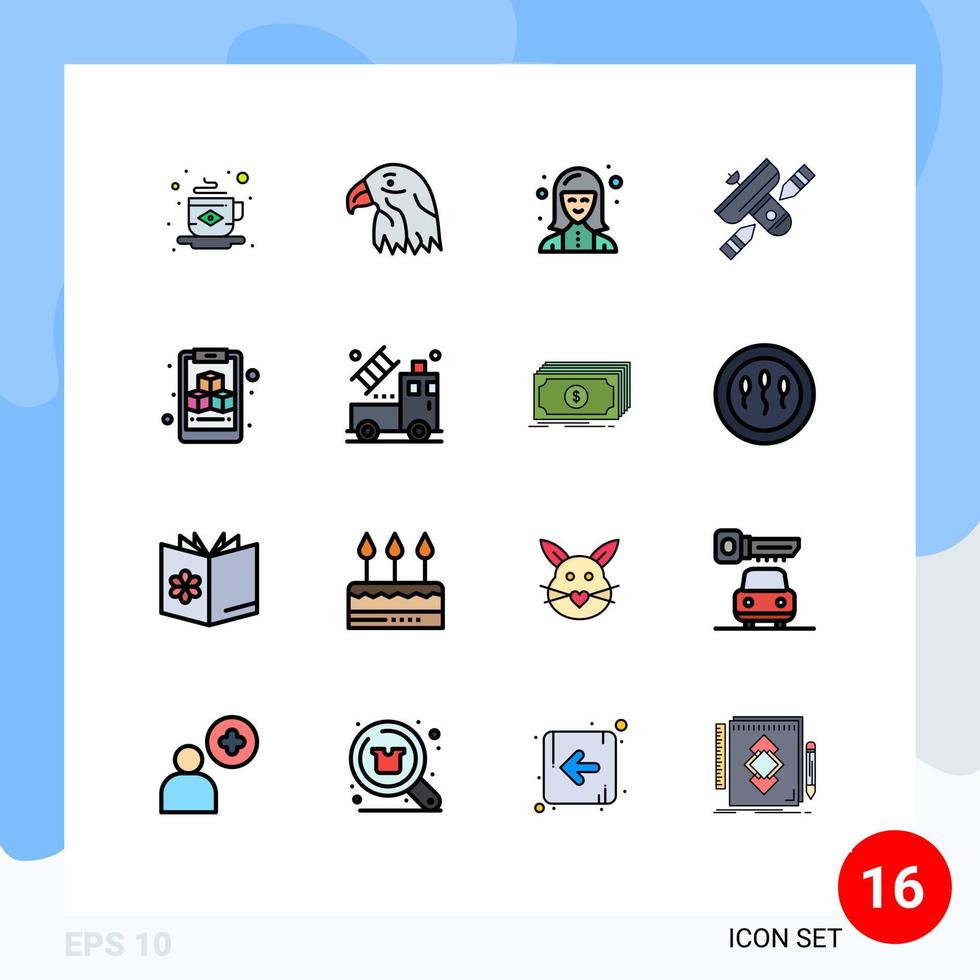Editable Vector Line Pack of 16 Simple Flat Color Filled Lines of transmitter radio digital broadcasting technologist Editable Creative Vector Design Elements