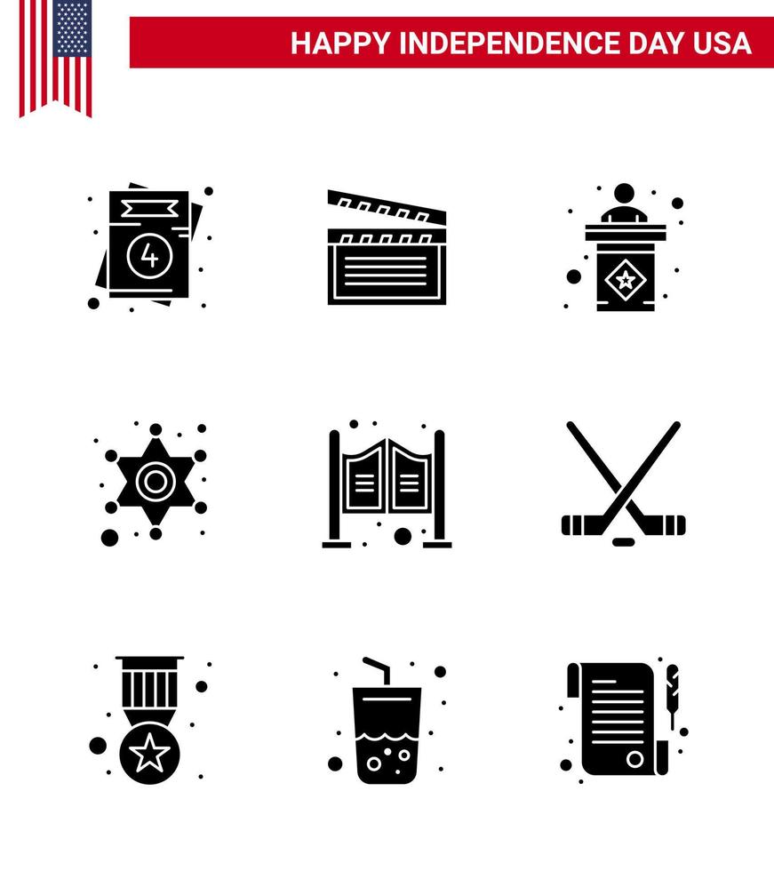 Happy Independence Day 4th July Set of 9 Solid Glyphs American Pictograph of household police sign usa star men Editable USA Day Vector Design Elements