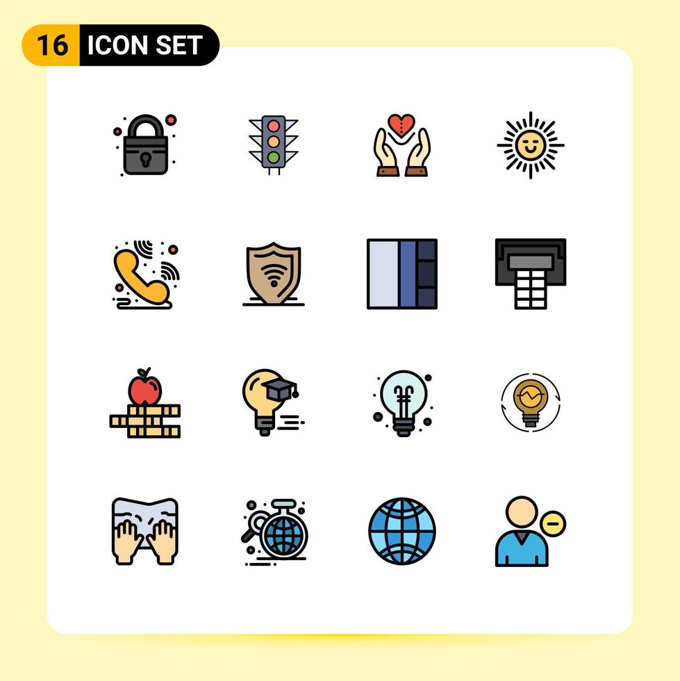 16 Universal Flat Color Filled Line Signs Symbols of hotline call centre compassion sun beach Editable Creative Vector Design Elements