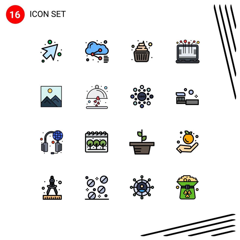 Pack of 16 Modern Flat Color Filled Lines Signs and Symbols for Web Print Media such as image frame cake laptop computer Editable Creative Vector Design Elements