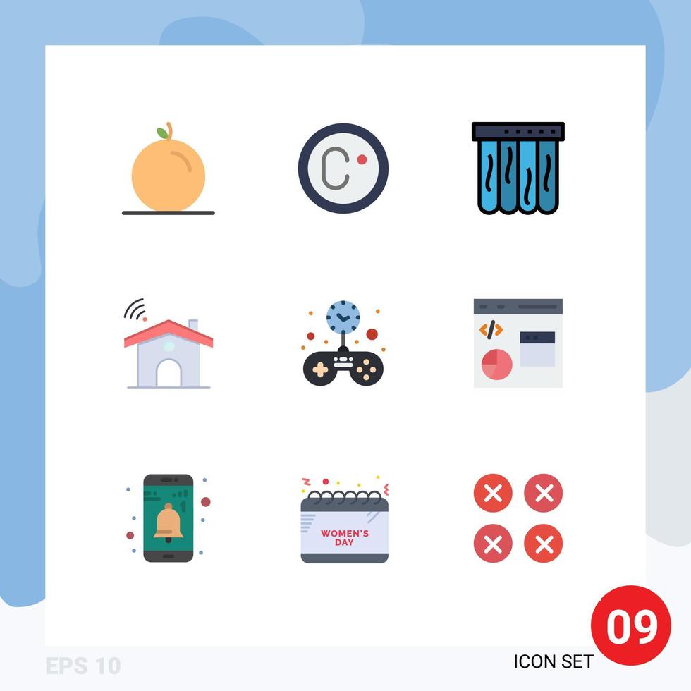 Pack of 9 creative Flat Colors of coding solid summer game house Editable Vector Design Elements