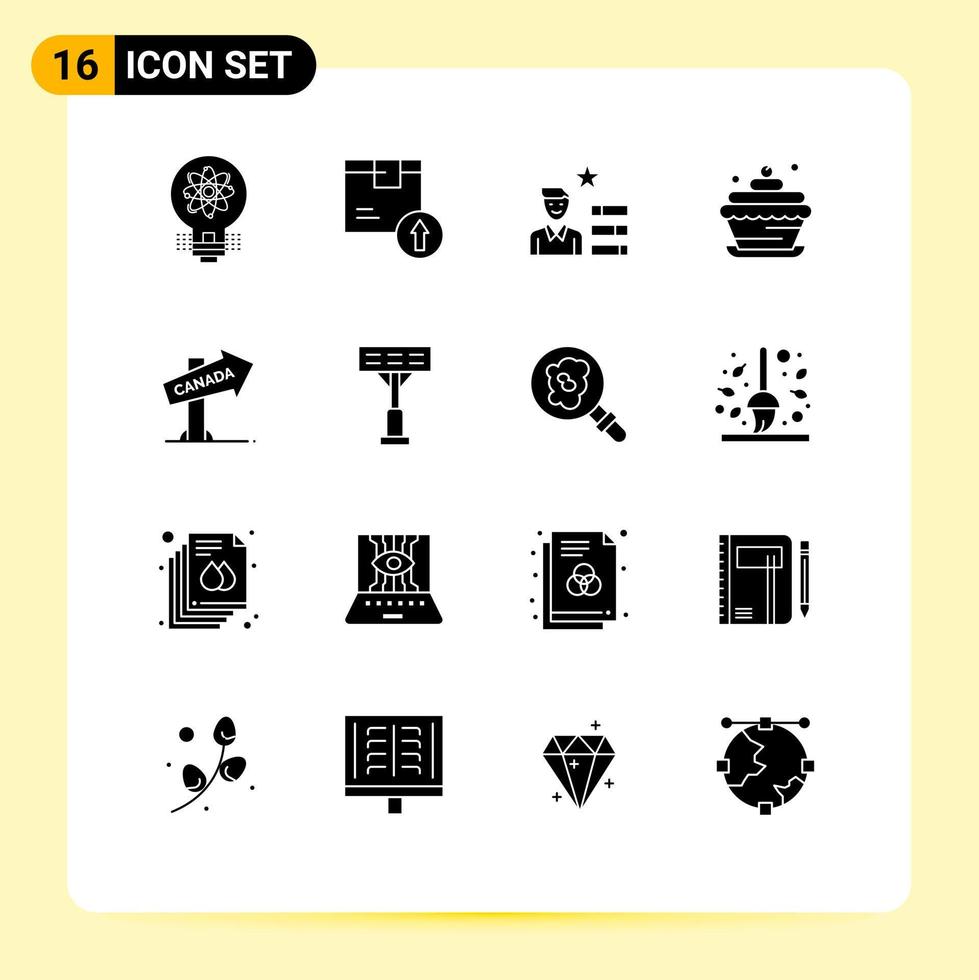 Pack of 16 creative Solid Glyphs of cupcake food birthday logistic bakery magnifier Editable Vector Design Elements