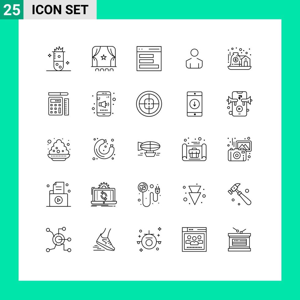 grupo de 25 líneas modernas establecidas para elementos de diseño de vectores editables para el usuario del hombre de la película de la persona del hogar