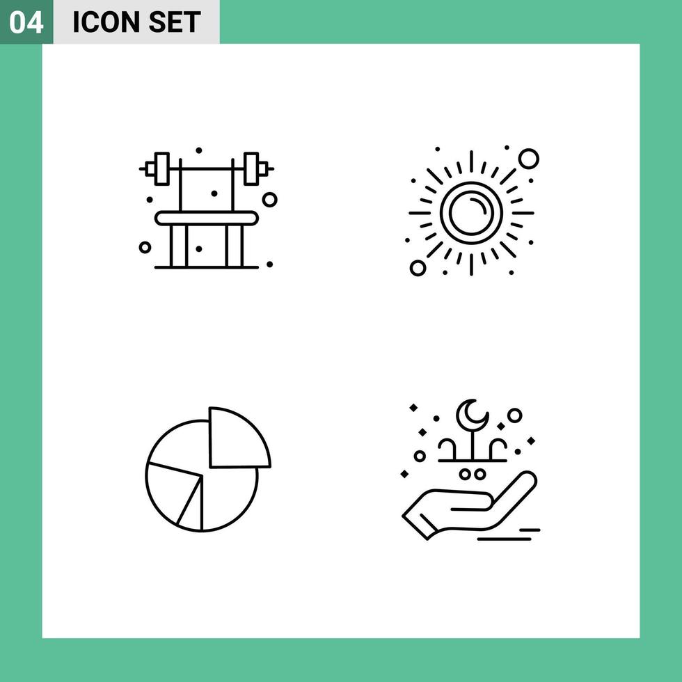 4 User Interface Line Pack of modern Signs and Symbols of bench chart gym meditation diagram Editable Vector Design Elements