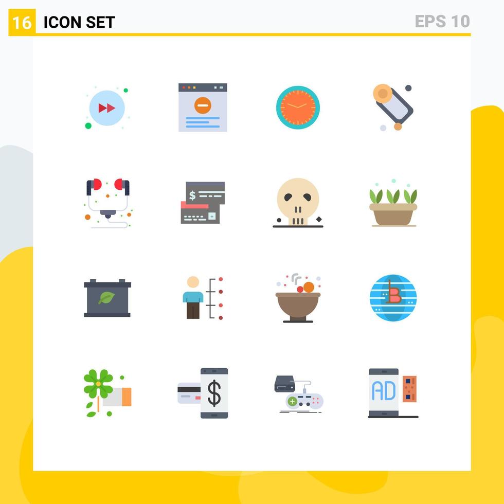 16 Flat Color concept for Websites Mobile and Apps headphone computer time soap bath Editable Pack of Creative Vector Design Elements