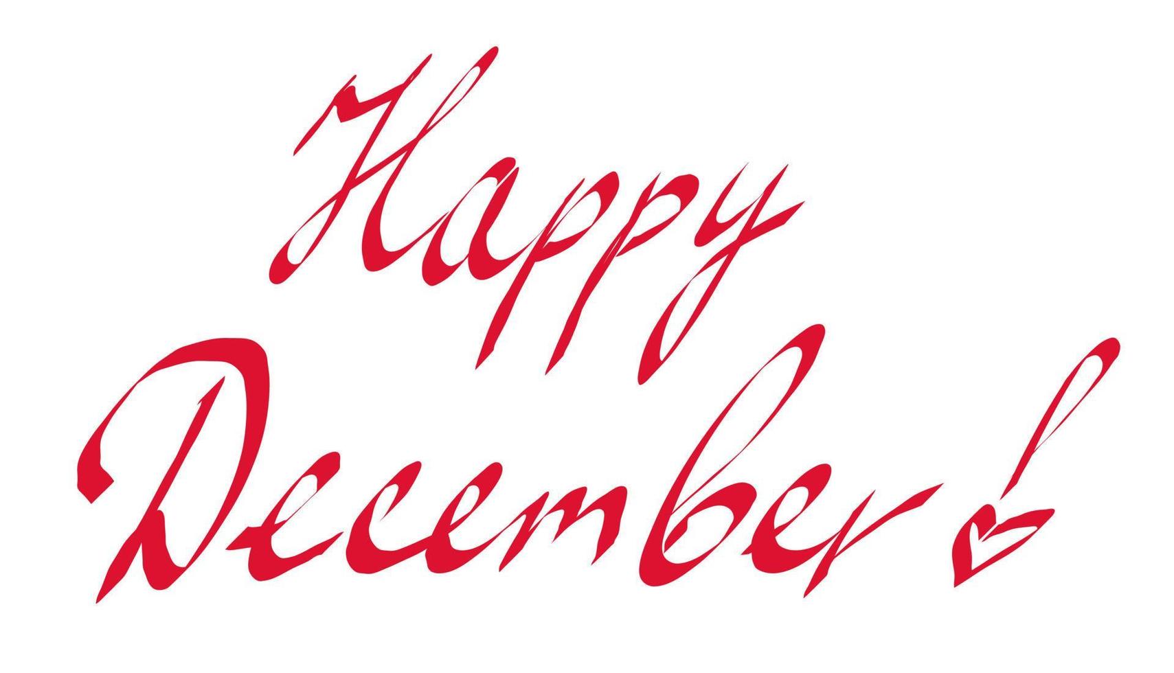 Happy December Cursive Calligraphy red Color Text On White Background. Happy December lettering vector illustration. Handwritten text isolated on white. Hand drawn message. Celebrate greeting.