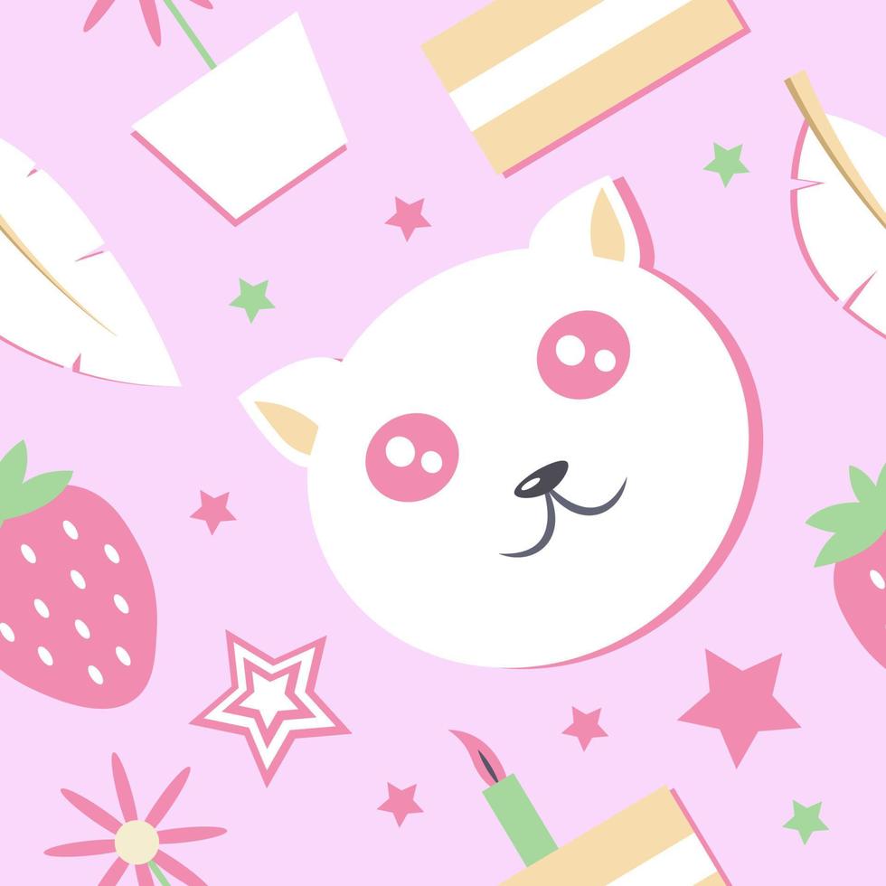 Cute seamless pattern. Pastel pink pattern with kawaii cat. Strawberry, birthday cake, kitty, star, flower and feather. Ideal for fabric, wallpaper, wrapping paper, textile, bedding, t-shirt print. vector