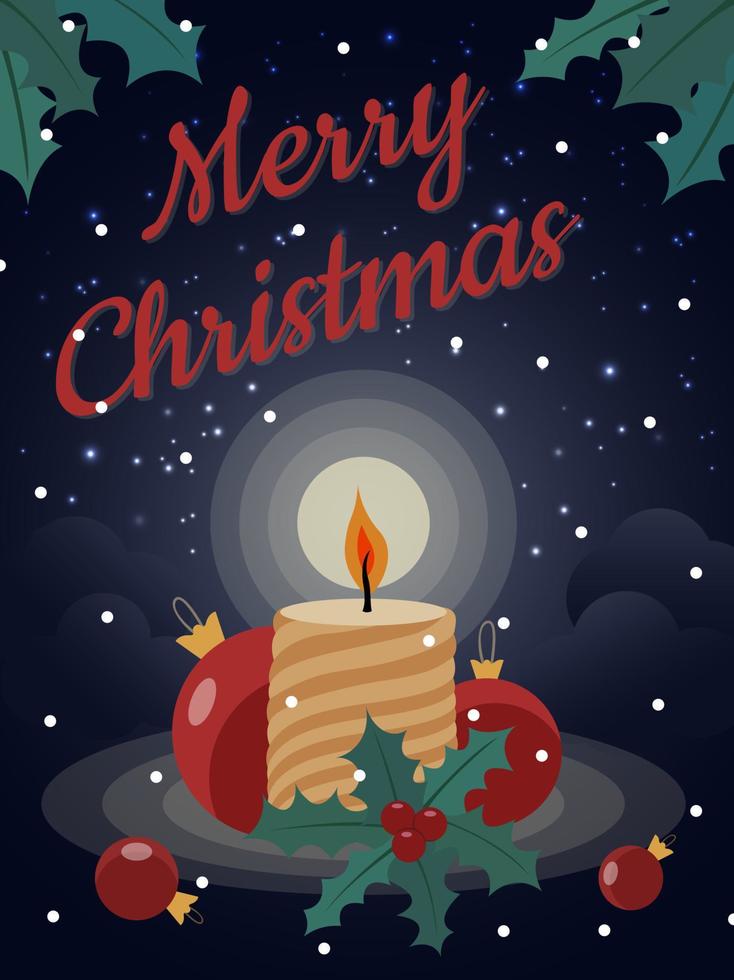 Merry Christmas card. Candle, starry sky and text Merry Christmas. Christmas eve night. Beige candle and red Christmas tree toys. vector