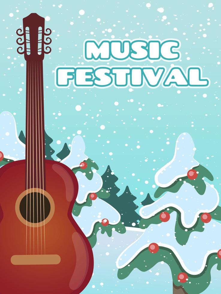 Music festival poster. Vector template for a concert poster or a flyer featuring an acoustic guitar. Winter music festival. Guitar and winter forest. Christmas music concert.