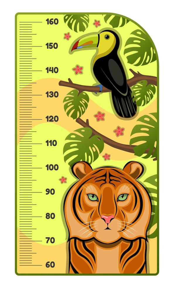 Medidor de altura para niños. ilustración vectorial con animales de la selva. medida de crecimiento para el diseño de viveros. ideal para niña y niño. tabla de altura para niños con tigre y tucán en ella. vector