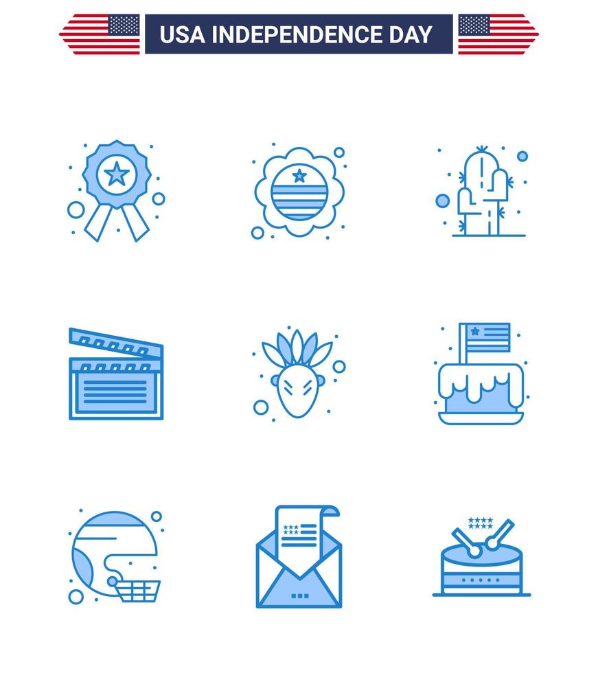 USA Independence Day Blue Set of 9 USA Pictograms of native american usa cactus video american Editable USA Day Vector Design Elements