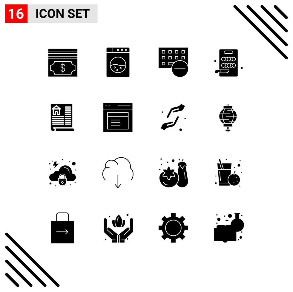 Editable Vector Line Pack of 16 Simple Solid Glyphs of interface real hardware estate kitchen Editable Vector Design Elements