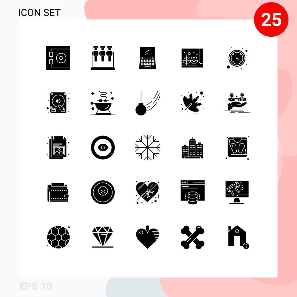 Group of 25 Modern Solid Glyphs Set for wall clock clock device small farming Editable Vector Design Elements