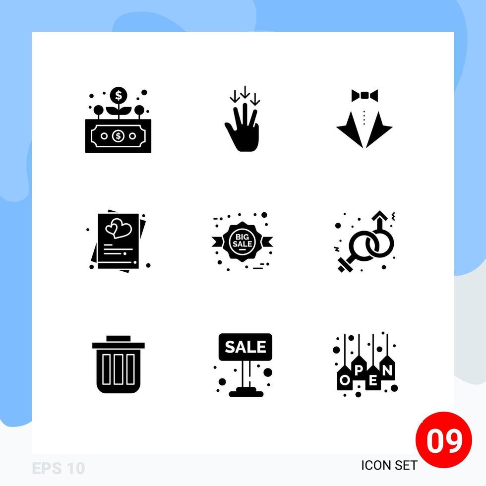 paquete de 9 signos y símbolos de glifos sólidos modernos para medios de impresión web, como elementos de diseño de vectores editables para invitar a casarse con corbata de corazón