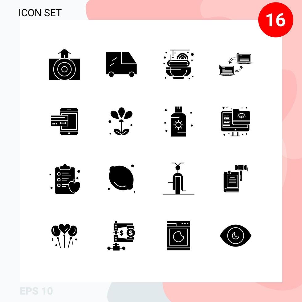 Pack of 16 Modern Solid Glyphs Signs and Symbols for Web Print Media such as card bank spaghetti payment network Editable Vector Design Elements