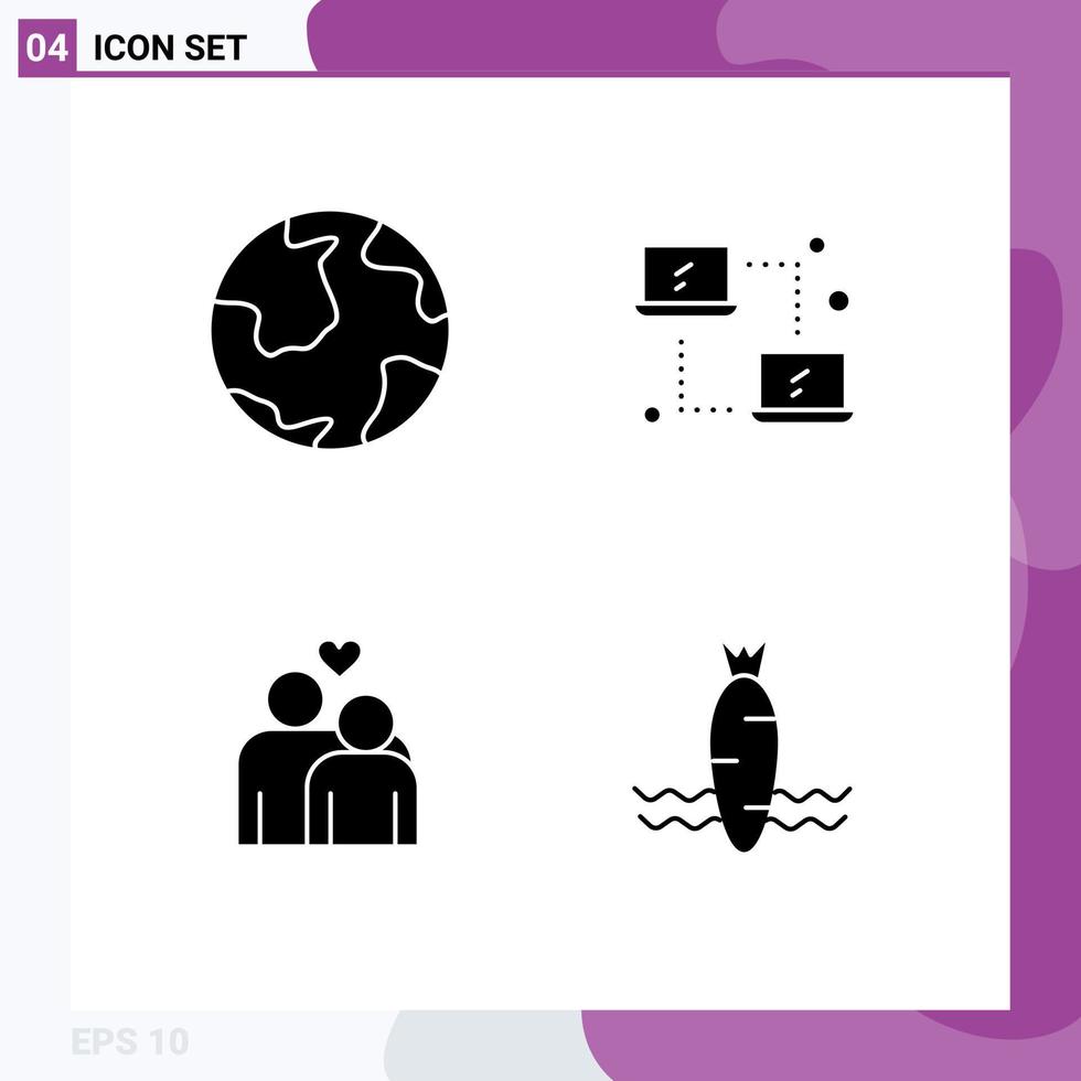 Pack of 4 Modern Solid Glyphs Signs and Symbols for Web Print Media such as earth couple geography laptop marriage Editable Vector Design Elements
