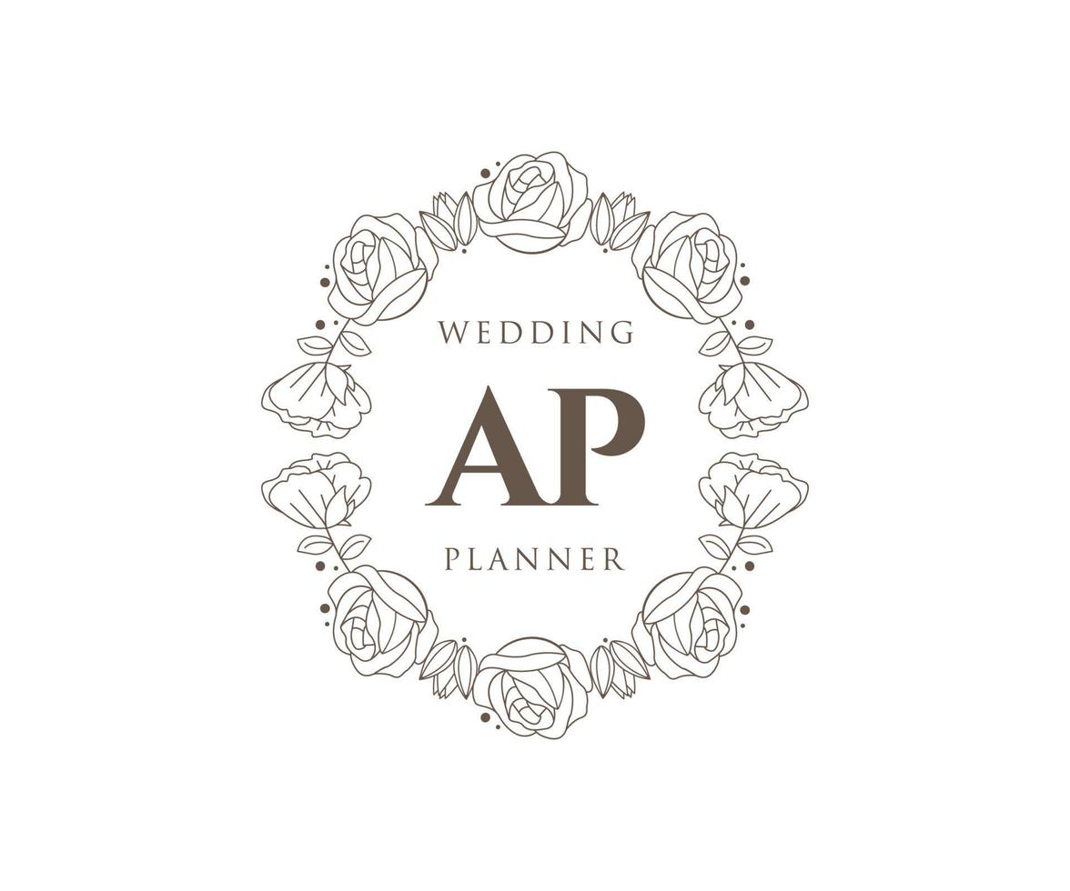 Colección de logotipos de monogramas de boda con letras iniciales AP, plantillas florales y minimalistas modernas dibujadas a mano para tarjetas de invitación, guardar la fecha, identidad elegante para restaurante, boutique, café en vector