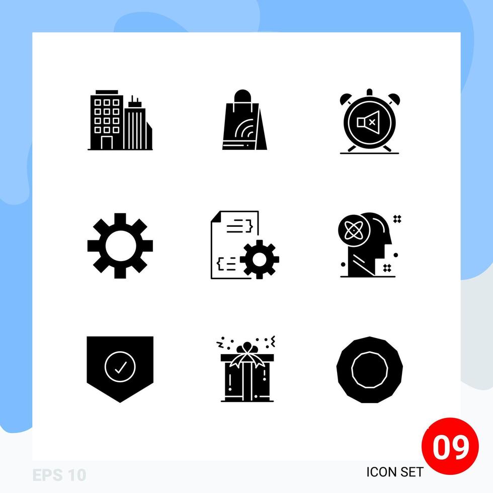 Modern Set of 9 Solid Glyphs Pictograph of develop logistic alarm gear sound Editable Vector Design Elements