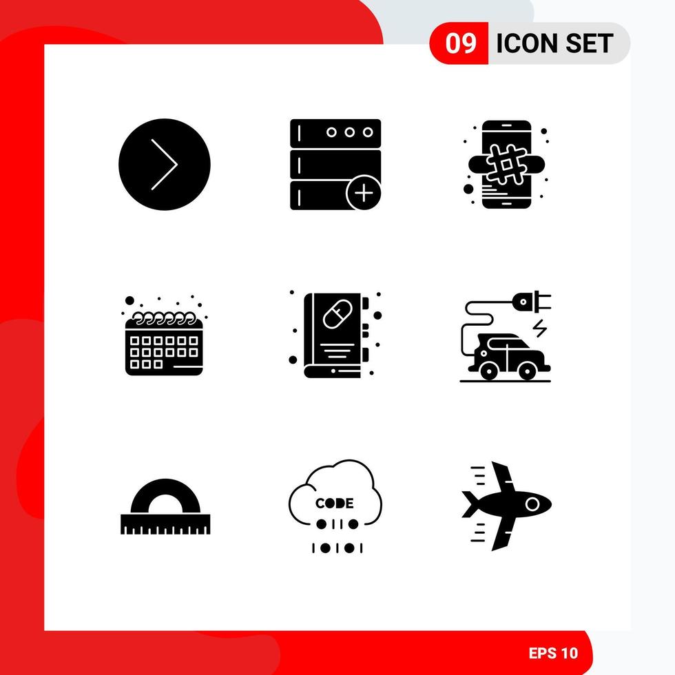 Modern Set of 9 Solid Glyphs and symbols such as medical book booklet marketing book calendar Editable Vector Design Elements