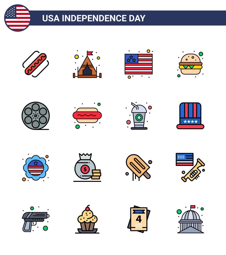 feliz paquete del día de la independencia de 16 líneas planas llenas de signos y símbolos para hot dog video flag jugar comida editable usa day elementos de diseño vectorial vector