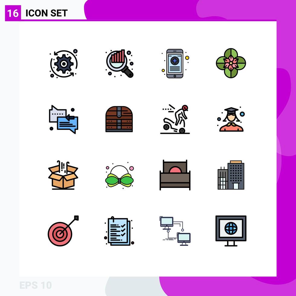 Modern Set of 16 Flat Color Filled Lines Pictograph of messages spring flower medical flower anemone Editable Creative Vector Design Elements