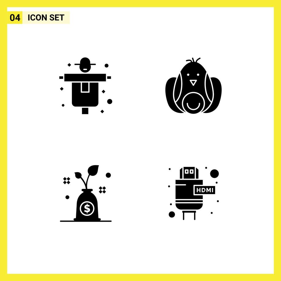 4 Thematic Vector Solid Glyphs and Editable Symbols of agriculture growth scarecrow robbit cable Editable Vector Design Elements