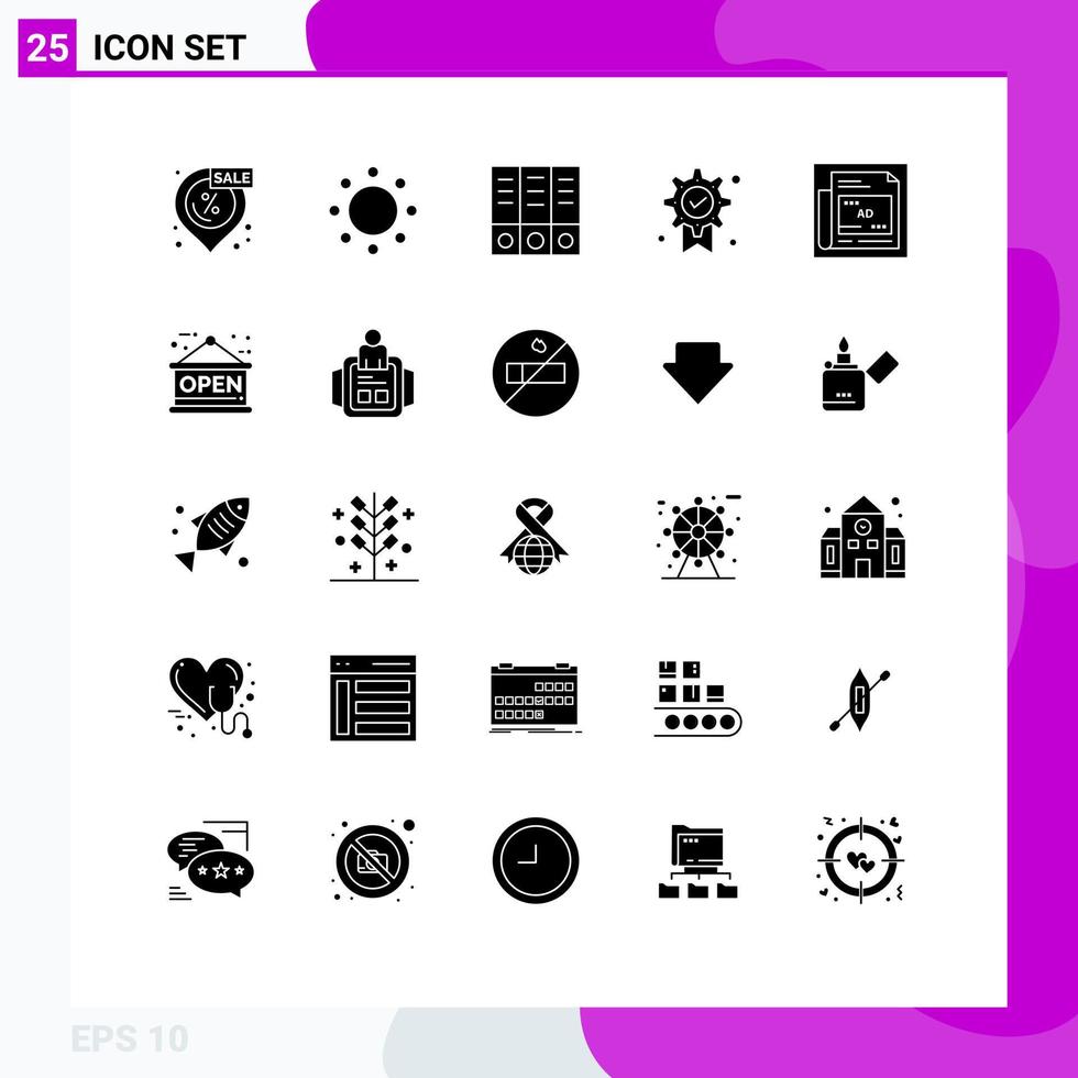 Mobile Interface Solid Glyph Set of 25 Pictograms of paper newspaper archive medal badge Editable Vector Design Elements