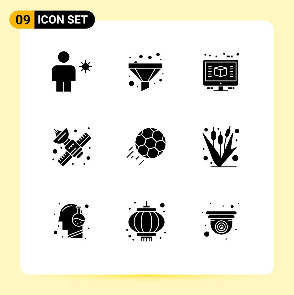 Group of 9 Solid Glyphs Signs and Symbols for soccer satellite architecture network communication Editable Vector Design Elements
