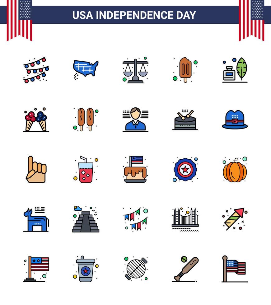 Modern Set of 25 Flat Filled Lines and symbols on USA Independence Day such as american feather justice adobe popsicle Editable USA Day Vector Design Elements
