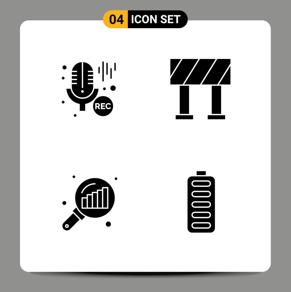 Pictogram Set of 4 Simple Solid Glyphs of mic search stats recording data analyzing battery Editable Vector Design Elements