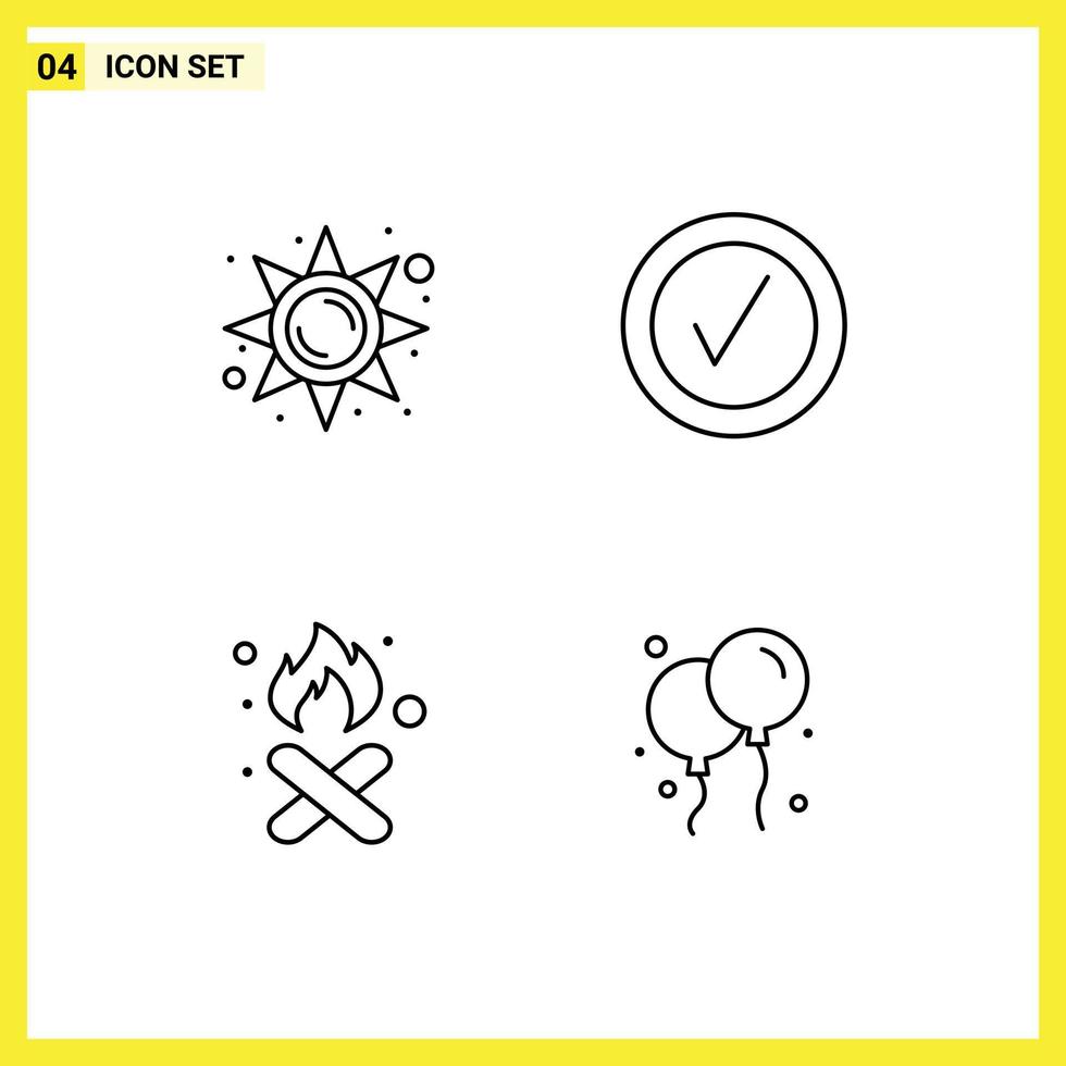 Set of 4 Modern UI Icons Symbols Signs for brightness garbage sun light tick smoke Editable Vector Design Elements