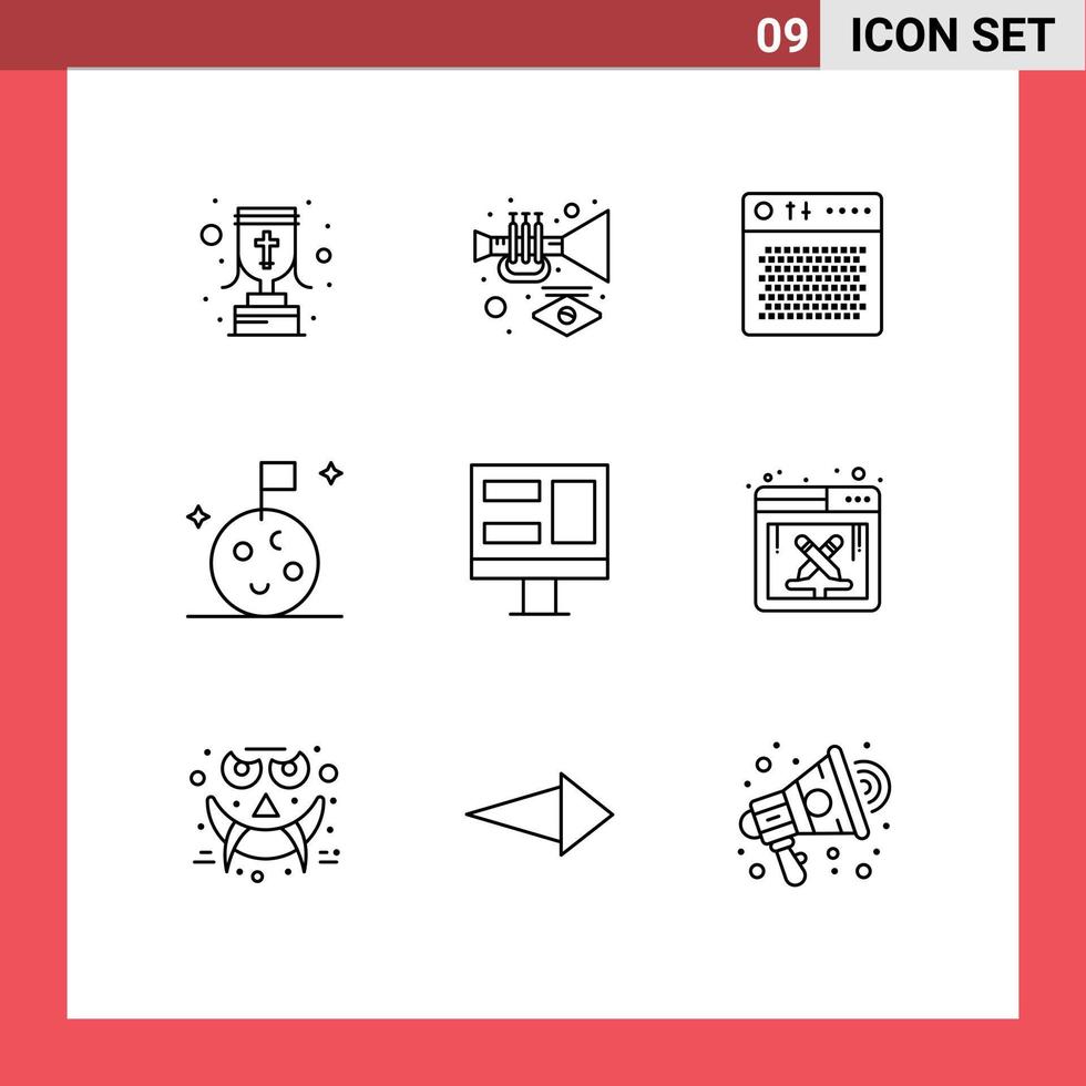 Group of 9 Modern Outlines Set for monitor space amplifier moon portable Editable Vector Design Elements