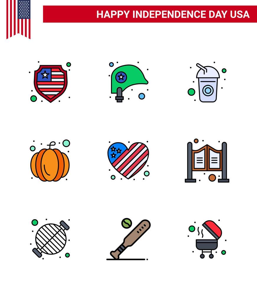 9 iconos creativos de estados unidos signos de independencia modernos y símbolos del 4 de julio de bandera de amor cola calabaza americana elementos de diseño de vector de día de estados unidos editables