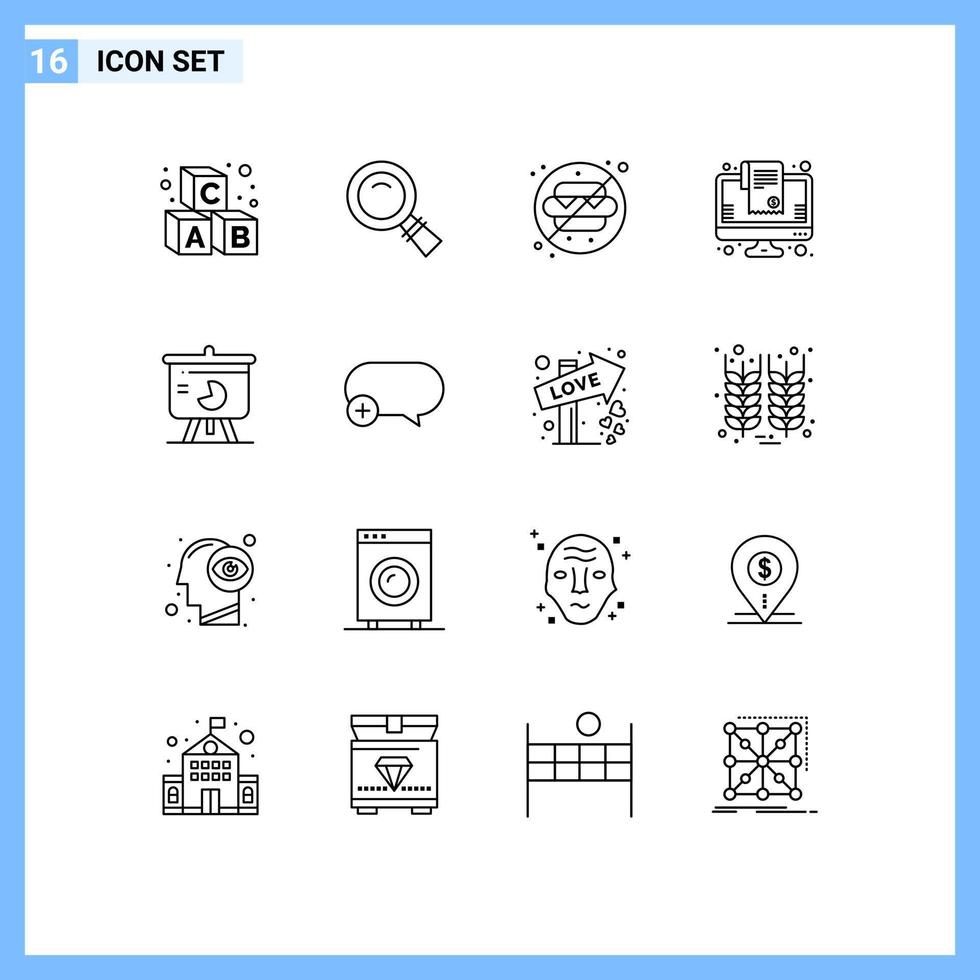 Set of 16 Modern UI Icons Symbols Signs for presentation online shopping no food list bill Editable Vector Design Elements