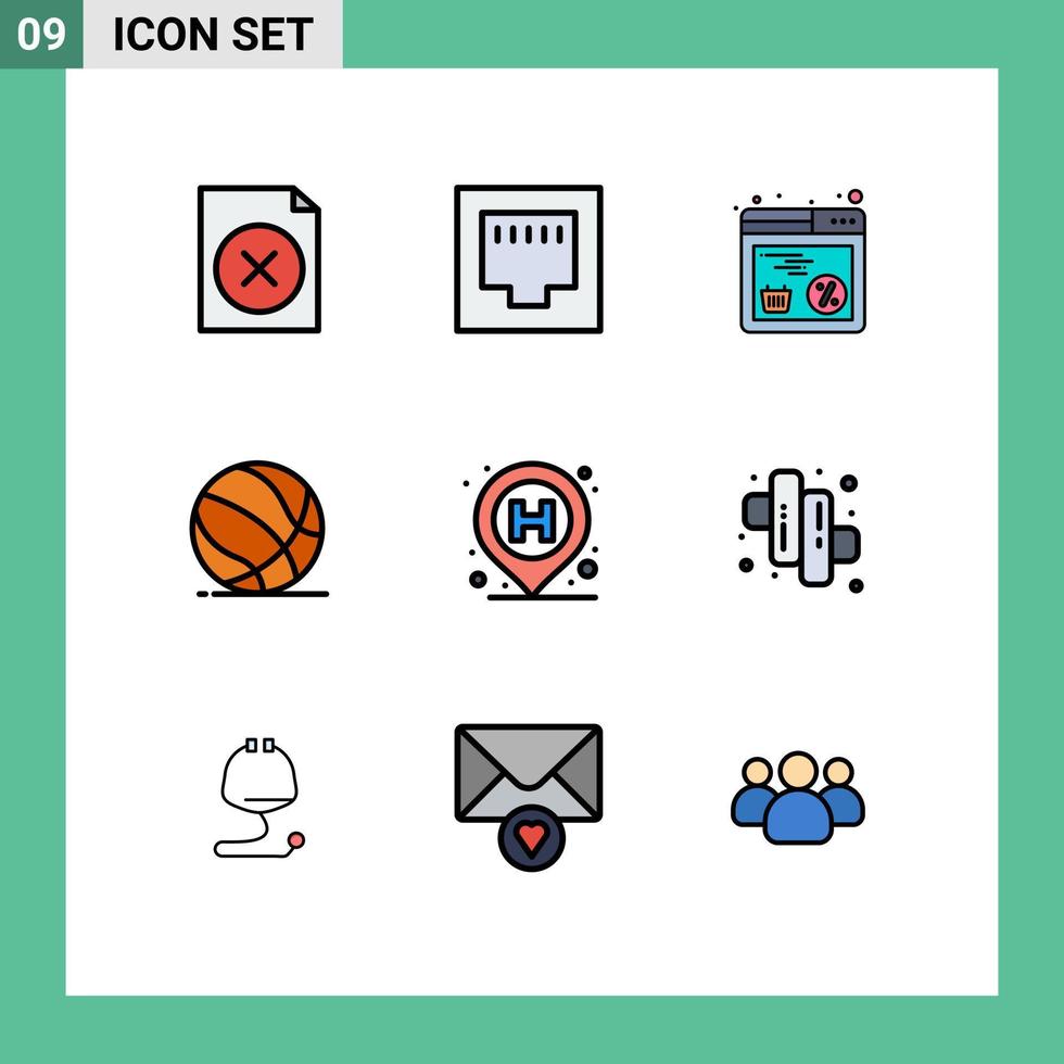 Set of 9 Modern UI Icons Symbols Signs for pin hospital shopping basket ball play Editable Vector Design Elements